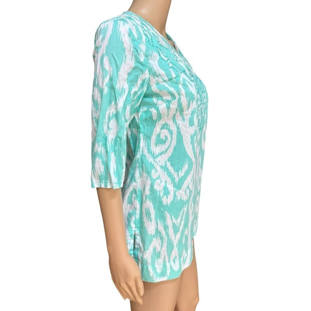 Brooks Brothers 346 100% cotton Top blouse tunic teal Pullover Sequin Beads Sz S - Picture 2 of 8